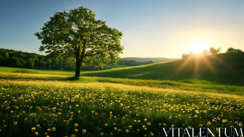 Solitary tree crowns sunlit meadow under golden sunrise.