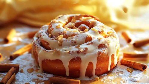 Iced cinnamon roll pastry sits on sugared surface in light