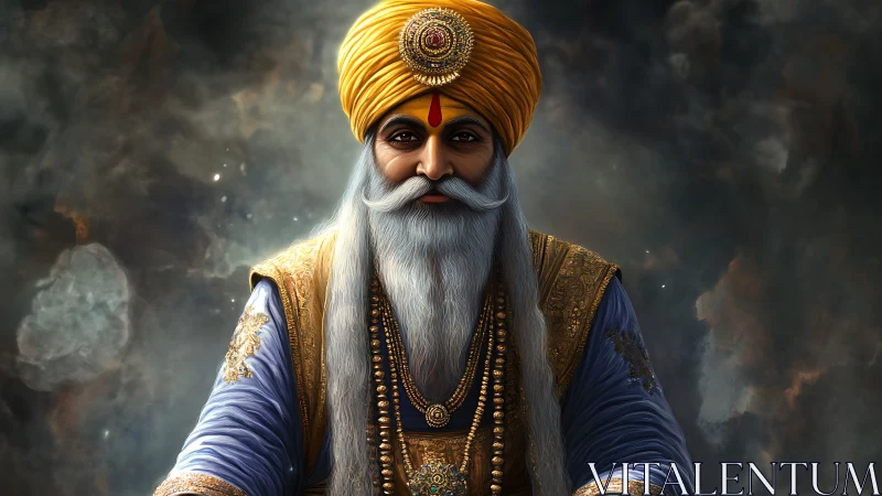 Regal Sikh elder in ornate turban against cosmic haze.