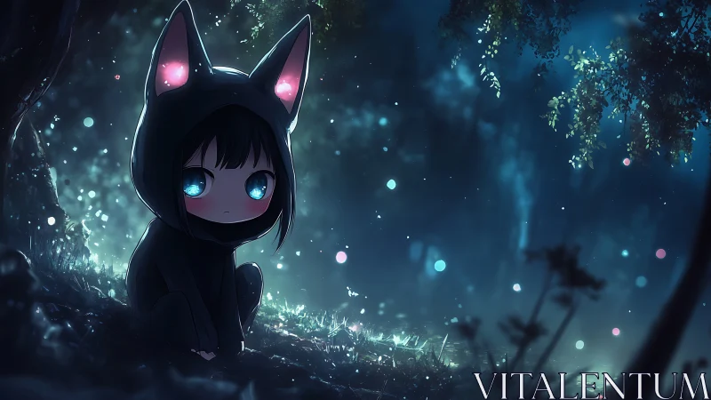 Moonlit cat-hooded child among whispering forest fireflies.