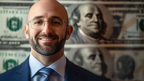 Businessman stands before large US dollar bill backdrop