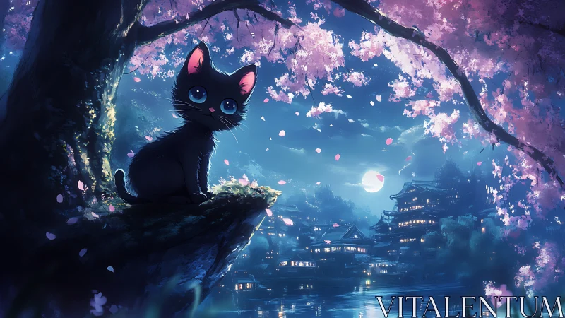 Black kitten under cherry blossoms surveys illuminated lakeside town