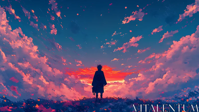 Lone anime figure studies blazing crimson sunset sky.