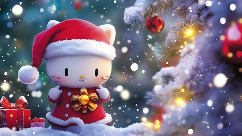 Cartoon cat in Santa outfit beside snowy Christmas tree.