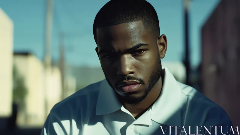 Man in white shirt outdoors under strong directional light.