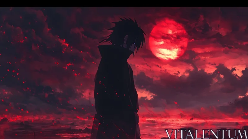 Brooding anime wanderer beneath a haunting crimson sky.