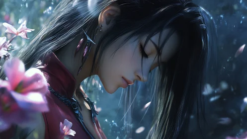 Gentle flower guardian resting in a dreamy twilight garden.