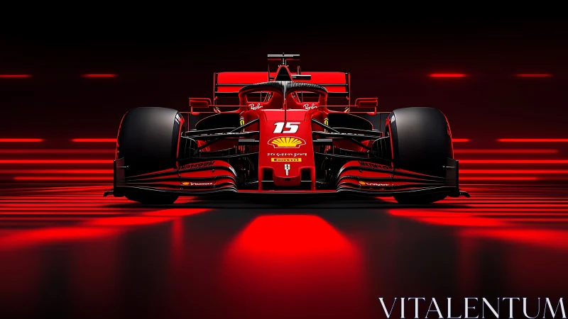 3D frontal render of red Formula racing car with neon streaks.