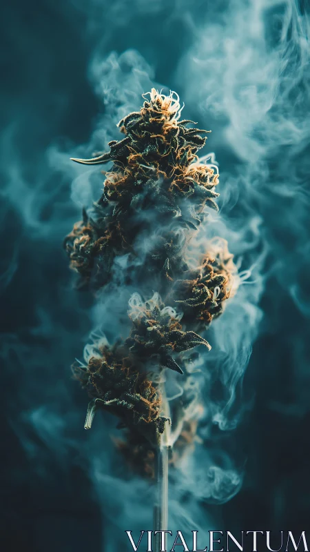 Macro floral inflorescence enveloped in volumetric teal smoke.