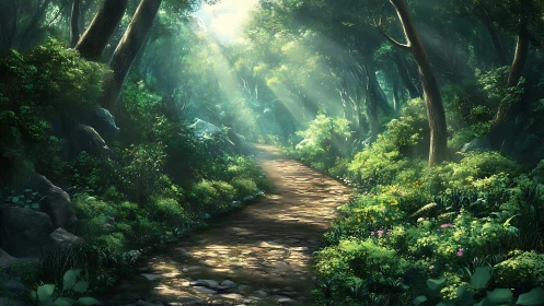 Forest path with sunlight filtering through old growth trees.