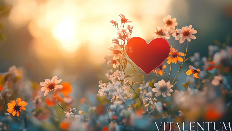 Red heart among blooming flowers in golden sunset light
