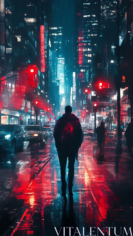 Neon city streets glow as a lone walker enjoys the rain