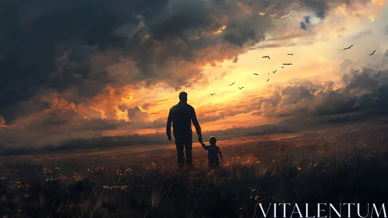 Silhouetted parent and child crossing field at sunset.