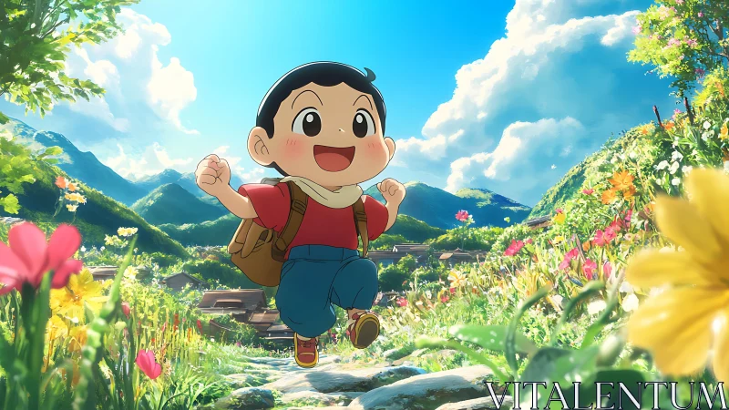 Joyful child running through vibrant alpine flower path.