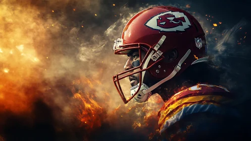 Profile view shows football player in red helmet amid smoke