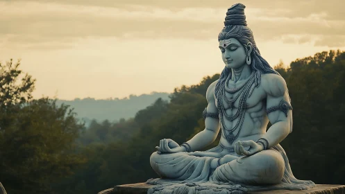 Serene stone deity rests in calm meditation at sunrise