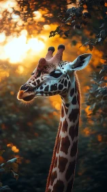 Giraffe basks in warm golden sunset light among leaves.