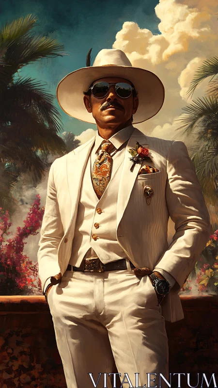 Elegant gentleman in white suit under tropical sunlight.