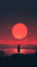 Solitary wanderer quietly greets a towering crimson moon