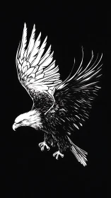 White ink eagle illustration on stark black background.