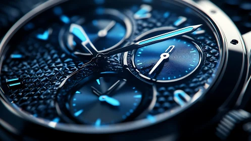 Macro view reveals high-contrast blue chronograph watch dial