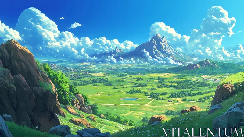 Digital painting panoramic valley with monumental central peak.