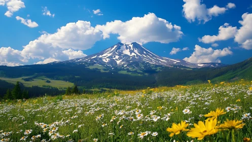 Snowcapped mountain rising above wildflower alpine meadow.