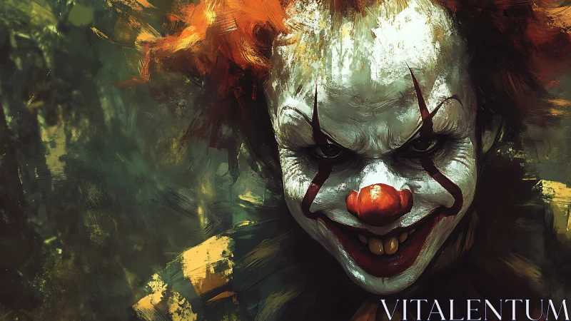 Sinister circus clown glares with twisted, menacing grin.