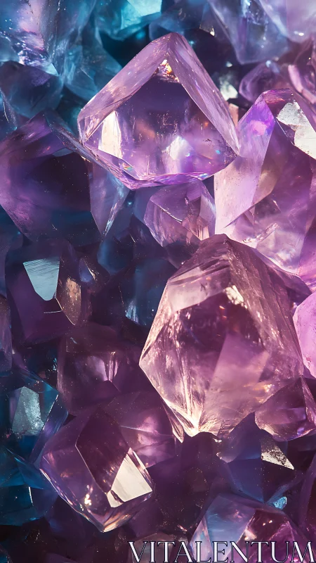 Luminescent amethyst crystal cluster in cool blue light.