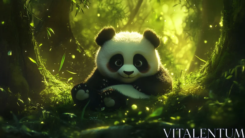 Adorable baby panda rests in glowing enchanted forest scene.