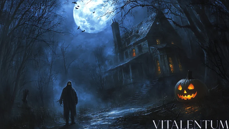 Haunted forest path with cloaked figure and eerie house.