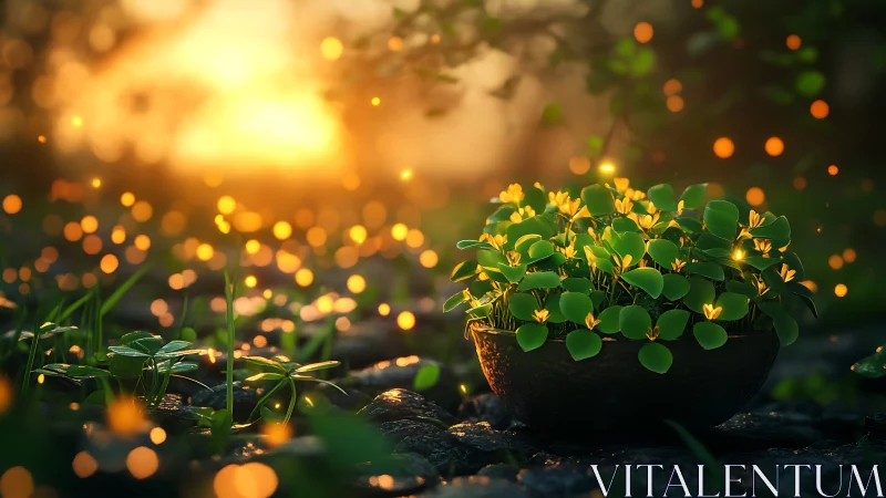 Potted clover-like plants in low light against sunset bokeh.
