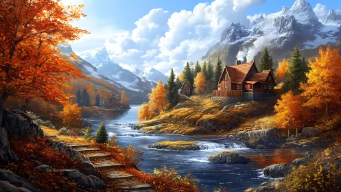 Mountain river flows past red cabins in bright autumn forest