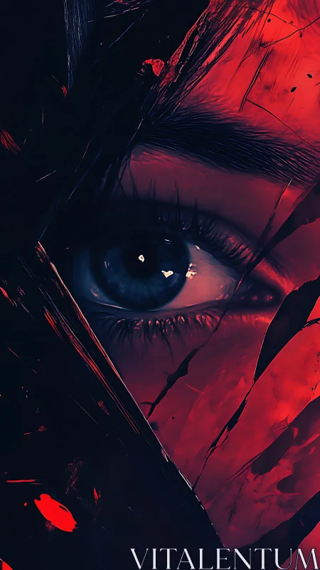 Crimson fractures cradle a vigilant blue eye in shadowed glare