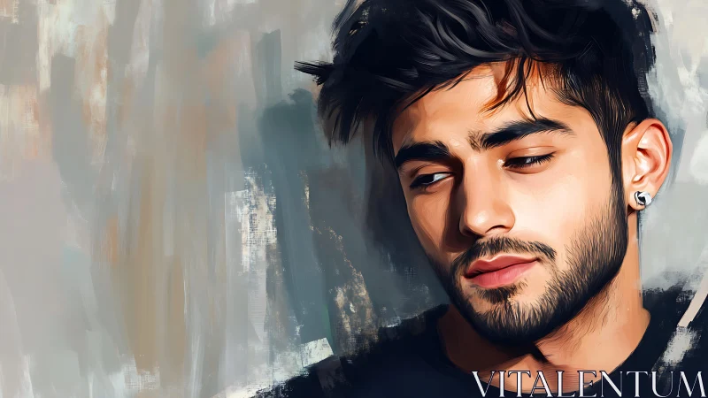 Pensive bearded man gazes downward in soft painted light