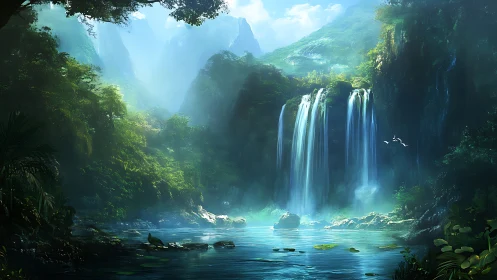 Hidden jungle falls in misty blue valley lightscape.