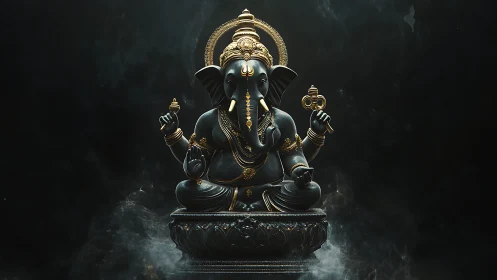 Radiant Ganesha statue glows calmly in soft, mystical light