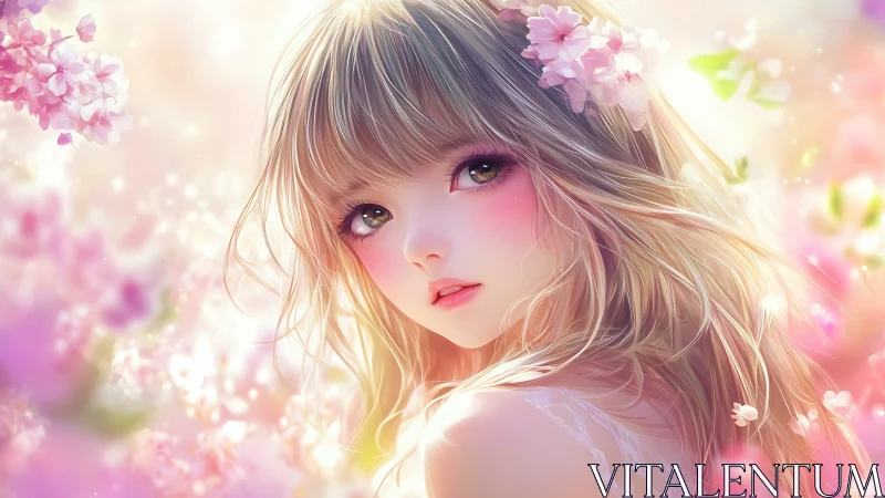 Soft pastel anime girl among glowing cherry blossoms.