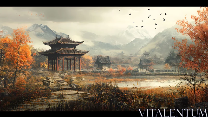 Mountain valley pagoda landscape with autumn foliage in view.