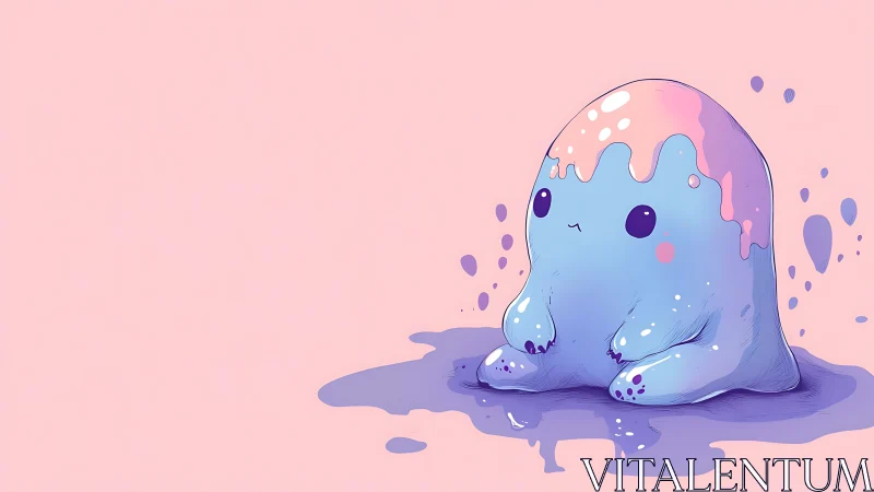 Blue goo creature sits on puddle under pink drip coating