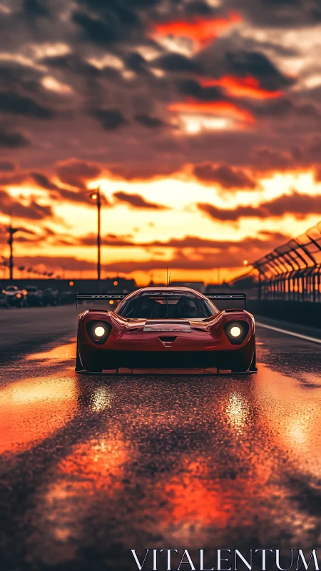 Low-angle hypercar portrait dramatizes wet-track sunset glow