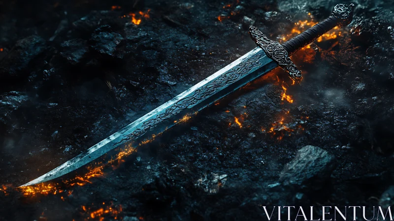 Ornate fantasy sword blade with luminous thermal gradient and intricate crossguard