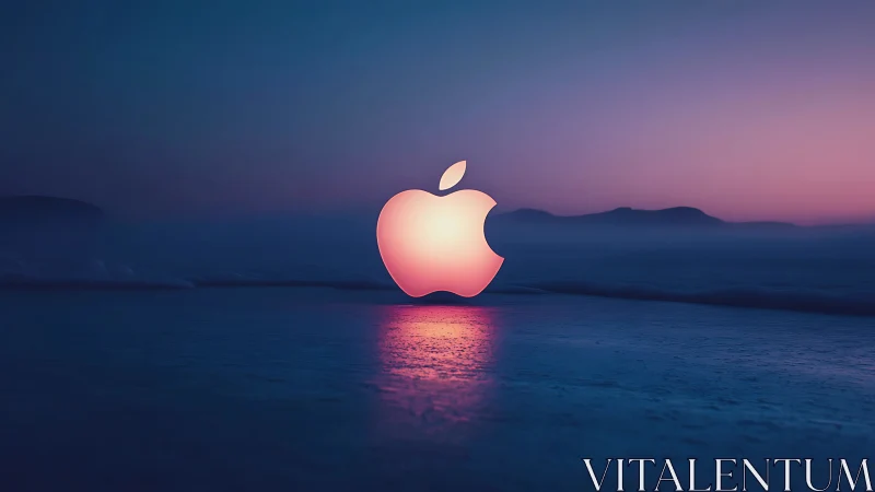 Glowing apple logo floats above misty ocean horizon at dusk