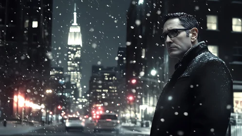 Brooding nightwalker under snowfall in neon-dimmed city hush.