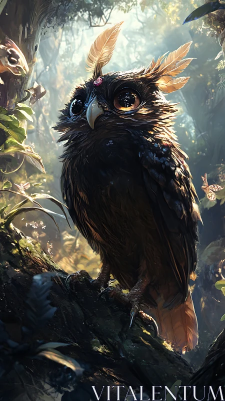 Enchanted forest owl with jeweled crest and golden rimlight.
