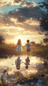 Two children holding hands in shallow water with backlighting and golden hour atmospheric conditions
