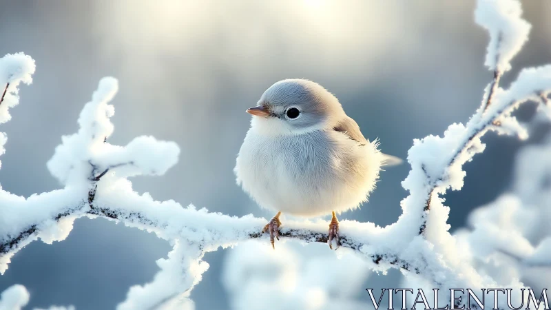 Fluffy winter bird on snowy branch in soft morning light, realistic style.