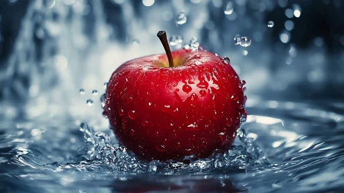 Red apple rests in mid-splash while surrounded by moving water
