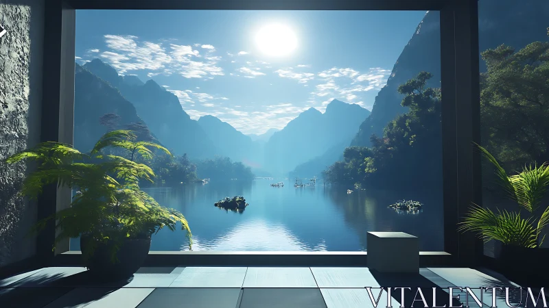 Sunlit lake retreat framed by calm modern interior.