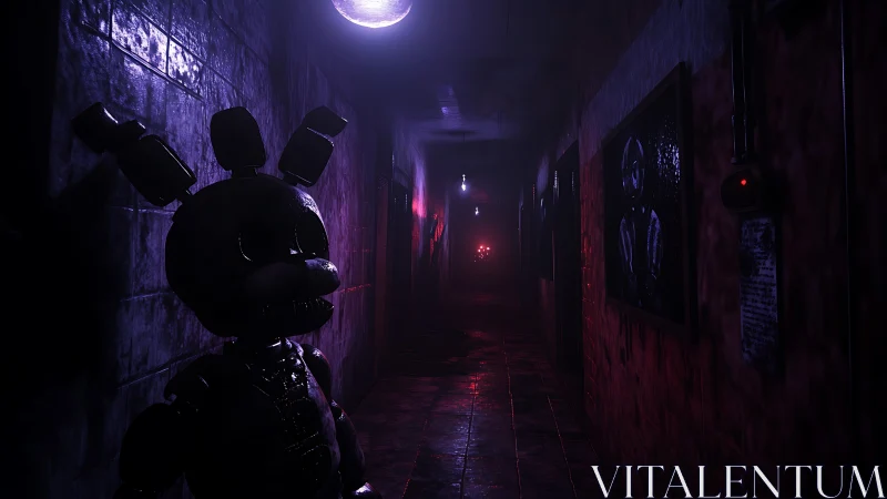 Sinister animatronic haunts dim neon corridor at night